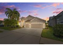 Charming home featuring a three-car garage and mature landscaping at 7634 Nottinghill Sky Dr, Apollo Beach, FL 33572
