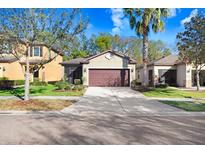 Charming single-Gathering home with a brown two car garage door, well-manicured lawn, and lush landscaping at 4512 Paper Mulberry Pl, Riverview, FL 33578