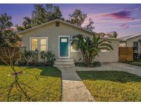 Charming single-story home featuring a freshly landscaped yard and inviting turquoise front door at 505 E Cluster Ave, Tampa, FL 33604