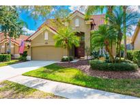 Charming home featuring a tile roof, well-manicured lawn, and mature palm trees at 18934 Avenue Biarritz, Lutz, FL 33558