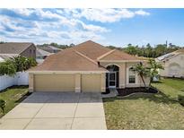 Charming single-Gathering home showcasing a three-car garage, mature landscaping, and a welcoming entryway at 2619 Ravendale Ln, Holiday, FL 34691