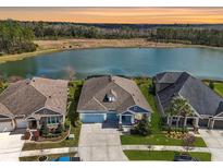 Stunning aerial view of a blue home next to a lake with landscaped yard and neighborhood setting at 4594 Tour Trce, Land O Lakes, FL 34638