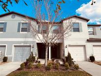 Charming townhome featuring a well-maintained lawn and inviting two-car garage for convenient parking and curb appeal at 3808 Cat Mint St, Tampa, FL 33619