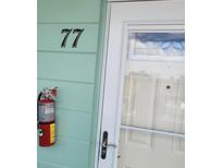 Unit #77 front door with a fire extinguisher mounted on the siding, and a storm door at 2043 Denmark St # 77, Clearwater, FL 33763