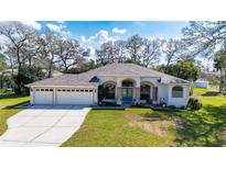 Spacious single-story home with three-car garage, lush lawn, and beautiful landscaping at 13855 Rudi Loop, Spring Hill, FL 34609