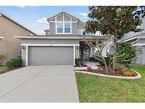 Two-story home boasts a manicured front yard, gray siding and a two-car garage at 7645 Windchase Way, Wesley Chapel, FL 33545