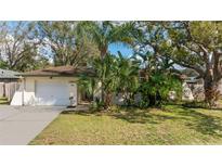 Charming single-story home featuring a lush, tropical landscaped front yard and attached one car garage at 13815 Capitol Dr, Tampa, FL 33613