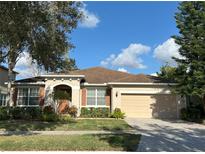 Charming single-story home with a well-manicured lawn, beautiful landscaping, and a two-car garage at 3205 Majestic View Dr, Lutz, FL 33558