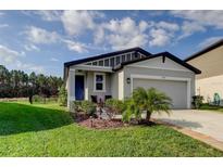 Charming single-story home features a manicured lawn and a two-car garage at 34747 Telluride Ln, Zephyrhills, FL 33541