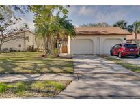 Inviting home with a well-maintained lawn, mature trees, and a two-car garage and a driveway with a red car parked on it at 14810 Feather Cove Ln, Clearwater, FL 33762