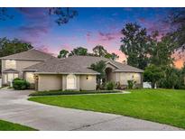 Charming single-story home featuring a well-manicured lawn and inviting curb appeal under a colorful sunset sky at 11505 Heron Hills Ln, Riverview, FL 33569
