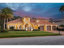 Stunning Mediterranean-style home with a terracotta roof, lush landscaping, and a three-car garage at 4873 Quill Ct, Palm Harbor, FL 34685