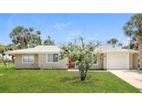 Charming single-story home featuring a well-manicured lawn and tropical landscaping at 18663 Kerrville Cir, Port Charlotte, FL 33948