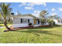 Charming single-story home featuring a well-maintained lawn and mature palm trees at 3934 Moog Rd, Holiday, FL 34691