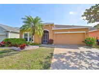 Charming single-story home with a well-manicured lawn, palm tree, and neutral-tone exterior at 715 Parker Den Dr, Ruskin, FL 33570