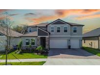 Two-story house with gray siding, stone accents, and a three-car garage at 12821 Bergstrom Bay Dr, Riverview, FL 33579