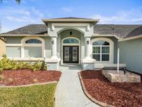 Attractive light blue house with double doors and landscaped yard at 1230 Venetia Dr, Spring Hill, FL 34608