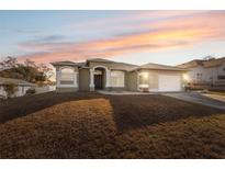 One-story house with a light-brown exterior, a two-car garage, and a neatly landscaped lawn at 3110 Lema Dr, Spring Hill, FL 34609
