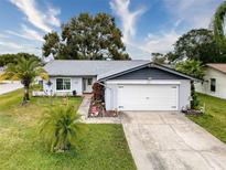 Cute Florida home with a gray roof, white garage door, and nicely landscaped yard at 8015 Pequena Dr, Port Richey, FL 34668