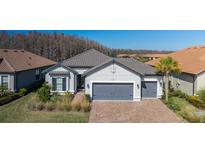 Gray-toned house with gray garage door, landscaping, and brick paver driveway at 11061 Egeria Dr, Odessa, FL 33556