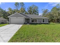 Newly constructed home with a gray exterior, two-car garage, and a well-manicured lawn at 12040 Pine Warbler Ave, Brooksville, FL 34614