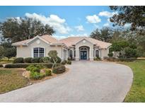 House exterior showcasing a tile roof, landscaping, and a paved driveway at 9090 Alexandria Dr, Weeki Wachee, FL 34613