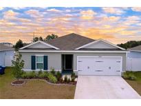 Newly built home with gray exterior, two-car garage, and landscaped yard at 14506 Whitewater Way, Brooksville, FL 34604