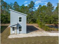 New construction home featuring a modern exterior, a minimalist front entrance, and a partially cleared lot with lots of trees at 5173 Pacific Ave, Weeki Wachee, FL 34607