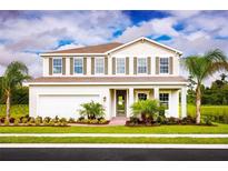 Two-story house with a white exterior, landscaping, and a two-car garage at 6033 Wild Petunia Dr, Wimauma, FL 33598