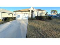 Charming home featuring a manicured lawn, complemented by a driveway leading to a spacious two-car garage at 11204 Clear Oak Cir, New Port Richey, FL 34654