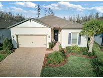 Charming single-story home with a well-manicured lawn and a brick-paved driveway leading to an attached two-car garage at 18629 Coastal Shore Ter, Land O Lakes, FL 34638
