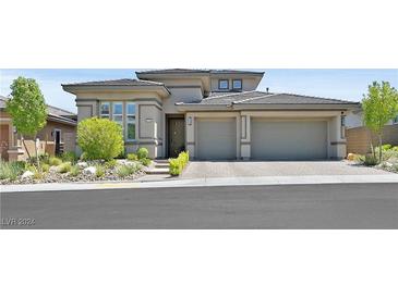 Single-story home with a two-car garage and landscaped front yard at 12295 Skyracer Dr, Las Vegas, NV 89138