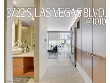 Bright condo featuring modern kitchen, stylish living area, and luxury bathroom with contemporary finishes and fixtures at 3722 Las Vegas Blvd # 1010, Las Vegas, NV 89158