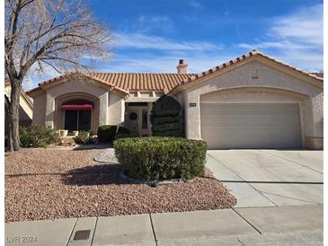 Single-story home with landscaped yard, two-car garage, and attractive curb appeal at 3020 Ripon Dr, Las Vegas, NV 89134