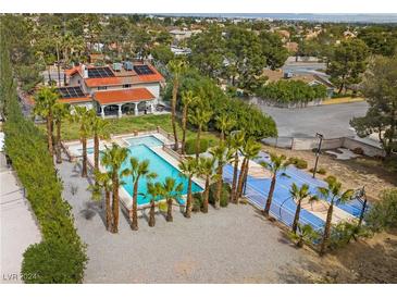 Expansive backyard featuring a pool, palm trees, basketball court, and solar panels on a large luxury home at 7335 Edna Ave, Las Vegas, NV 89117