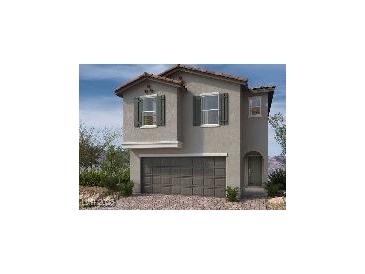 Two-story home with gray siding, brown garage door, and green shutters at 9132 Vesey Ave, Las Vegas, NV 89148