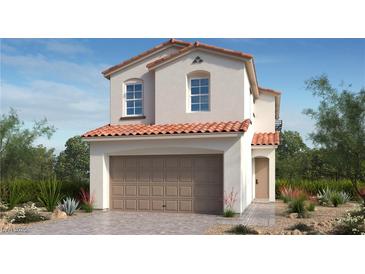 Two-story house with Spanish-style architecture, tile roof, and two-car garage at 334 Taylor St, Henderson, NV 89015
