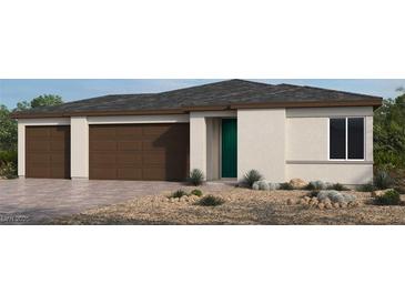 Single-story house with three-car garage and desert landscaping at 4380 E Brusca Way, Pahrump, NV 89061