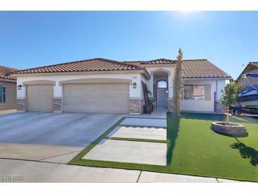 Single-story home with three-car garage, artificial turf, and nicely landscaped front yard at 7291 Purple Shadow Ave, Las Vegas, NV 89113