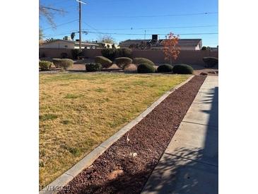 Spacious backyard with grassy lawn and walkway at 163 Greenbriar Townhouse Way, Las Vegas, NV 89121