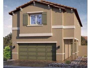 Two-story house with green garage door and shutters at 7526 Bosco Brook Dr # 41, North Las Vegas, NV 89084