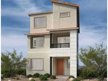 Modern three-story home with orange door and balcony at 1433 Nocturnal Flight St, Las Vegas, NV 89144