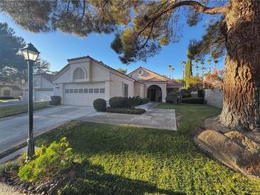 Single-story house with attached garage, manicured lawn, and mature trees at 7732 Tinted Mesa Ct, Las Vegas, NV 89149