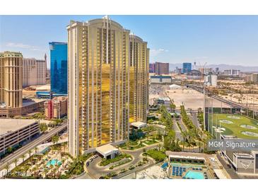 Aerial view of MGM Signature high-rise building with pools and landscaped grounds at 135 E Harmon Ave # 2501, Las Vegas, NV 89109