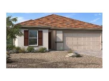 One-story home with brown tile roof, beige siding, and dark brown shutters at 9189 Oakdale Ranch Ct, Las Vegas, NV 89139