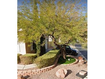 Landscaped front yard with mature trees and shrubs at 1173 Stormy Valley Rd, Las Vegas, NV 89123