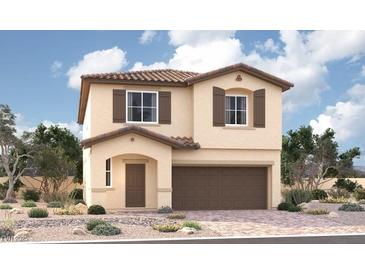 Two-story house with tan exterior, brown garage door, and landscaping at 9819 Angel Valley Dr, Las Vegas, NV 89178