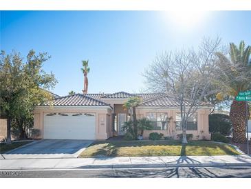 Single-story house with a two-car garage and well-maintained lawn at 10009 Dusty Winds Ave, Las Vegas, NV 89117