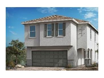 Two-story home with gray siding, gray garage door, and multiple windows at 4205 Yucca Brevi Ave, Las Vegas, NV 89139