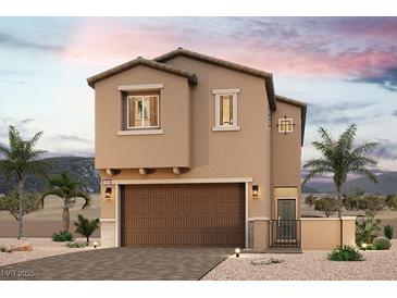 Two-story stucco home with brown garage door and landscaping at 8670 Felker St, Las Vegas, NV 89166